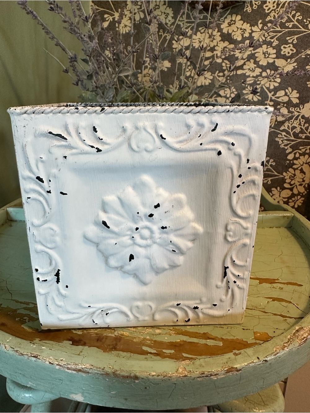 White Distressed Decorative Metal Planter - Rustic Floral Tile Design